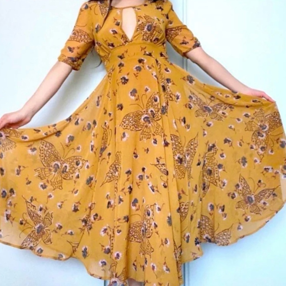 Free People Mustard Butterfly Floral Midi Dress